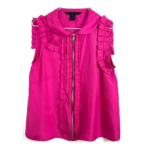MARC by Marc Jacobs Silk Ruffle Cuffed Zip up Sleeveless Top in Fuchsia Pink - Picture 2 of 7